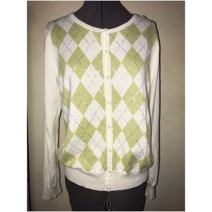 TALBOTS Sequin Argyle BF SWEATER XL IVORY/Green